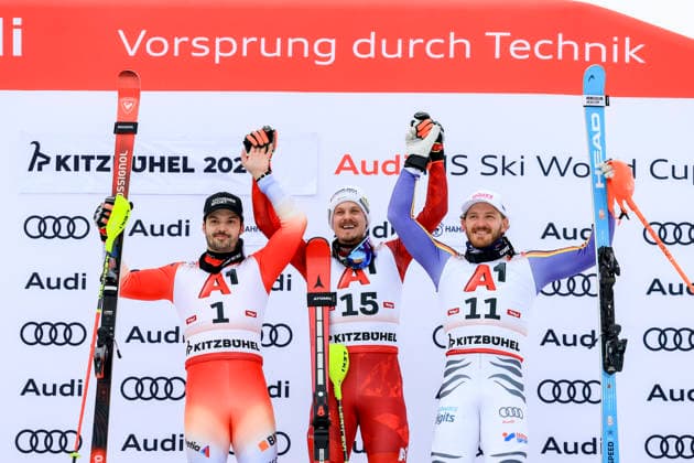 ALPINE SKIING - FIS WC Kitzbuehel KITZBUEHEL,AUSTRIA,25.JAN.26 - ALPINE SKIING - FIS World Cup, Hahnenkamm-race, slalom, men. Image shows Loic Meillard (SUI), Manuel Feller (AUT) and Linus Strasser (GER).  GEPAxpictures xMarioxBuehner-Wei