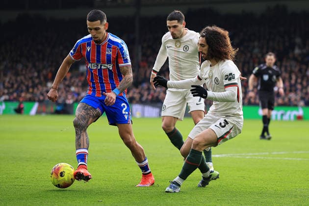 Crystal Palace v Chelsea, Premier League Crystal Palace Defender Daniel Munoz (2) under Pressure from Chelsea Defender Marc Cucurella (3) during the Premier League match between Crystal Palace and Chelsea at Selhurst Park, London, UK on 25 January 2026. Editorial use only DataCo restrictions apply See www.football-dataco.com , Copyright: xChrisxFoxwellx PSI-23638-0017