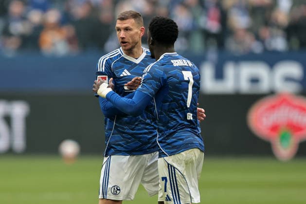 Edin Dzeko FC Schalke 04 and Christian Gomis FC Schalke 04 at the match of the 2 Bundesliga season 2025 26 FC Schalke 04 1 FC Kaiserslautern Copyright Thomas Pakusch