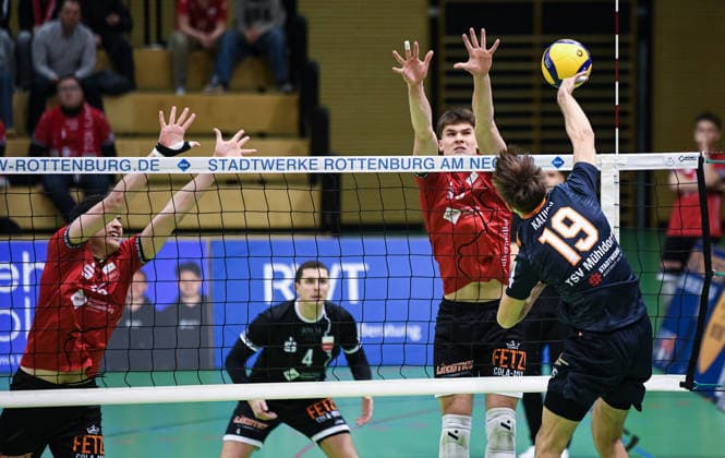 Volleyball 2 Bundesliga season 2025 2026 TV Rottenburg TSV Muehldorf 24 01 2026 Philipp Friedrich left, TV Rottenburg and David Dornauf 2 v right, TV Rottenburg