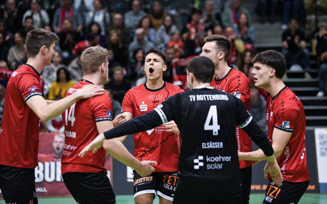 Volleyball 2 Bundesliga season 2025 2026 TV Rottenburg TSV Muehldorf 24 01 2026 JUBEL TV Rottenburg Maik Trautmann, Timon Schippmann, Milan Kvrzic, Jakob Elsaesser, Niklas Lichtenauer and David Dornauf from left to right
