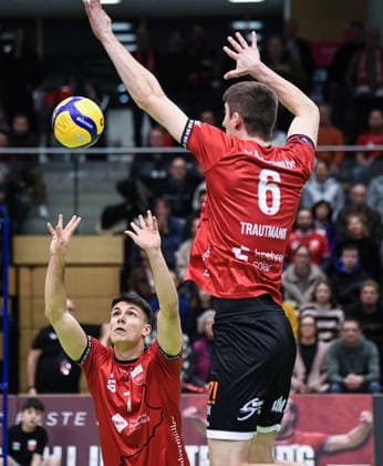 Volleyball 2 Bundesliga season 2025 2026 TV Rottenburg TSV Muehldorf 24 01 2026 Milan Kvrzic left, TV Rottenburg and Maik Trautmann right, TV Rottenburg