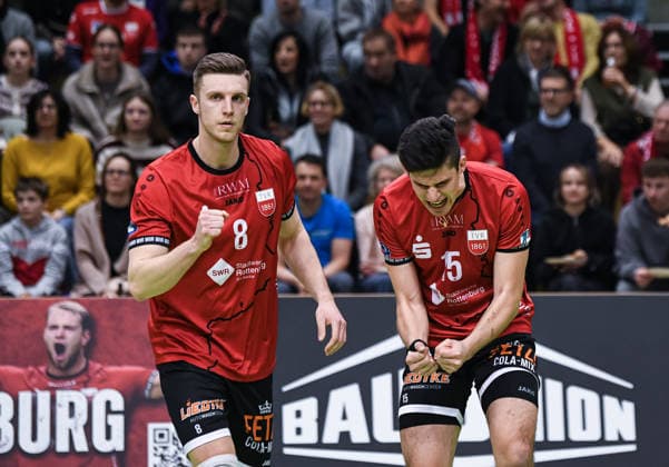 Volleyball 2 Bundesliga season 2025 2026 TV Rottenburg TSV Muehldorf 24 01 2026 JUBEL TV Rottenburg Niklas Lichtenauer left, TV Rottenburg and Philipp Friedrich right, TV Rottenburg