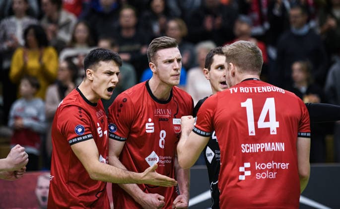Volleyball 2 Bundesliga season 2025 2026 TV Rottenburg TSV Muehldorf 24 01 2026 JUBEL TV Rottenburg Milan Kvrzic, Niklas Lichtenauer, Jakob Elsaesser and Timon Schippmann from left to right