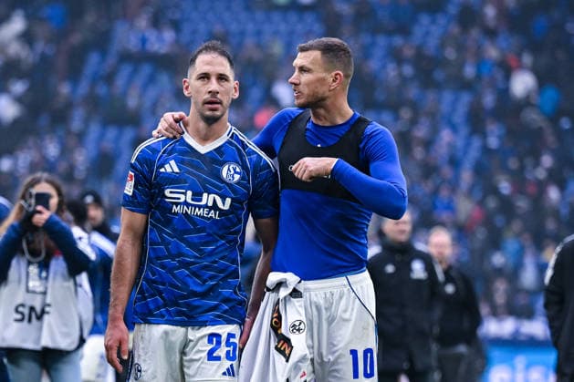 25 01 2026, Football, 2 Bundesliga, Season 2025 2026, Matchday 19, FC Schalke 04 1 FC Kaiserslautern, l r , sNikola Katic FC Schalke 04 , Edin Džeko Dzeko FC Schalke 04 xRHR PHOTO YYx Copyright: KROEGER RHR-FOTOx RHR-FOTO YY