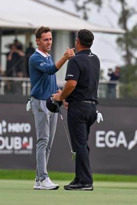 Hero Dubai Desert Classic 2026 DUBAI, UNITED ARAB EMIRATES - JANUARY 25: American golfer Patrick Reed (R) greets Spanish golfer David Puig (L) during the fourth and final round of the Hero Dubai Desert Classic 2026 at Emirates Golf Club in Dubai, United Arab Emirates on January 25, 2026. Waleed Zein Anadolu Dubai United Arab Emirates. Editorial use only. Please get in touch for any other usage.  Copyright: x2026xAnadoluxWaleedxZeinx