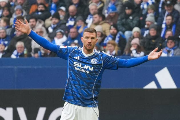 Germany Soccer 2 Bundesliga, Season 2025 26, 19 Matchday FC Schalke 04 vs 1 FC Kaiserslautern, 25 01 2026, Veltins Arena Gelsenkirchen, North Rhine-Westphalia Edin Džeko, Edin Dzeko FC Schalke 04, 10 Emotions, Arms outstretched Copyright: xLeonxFrickx