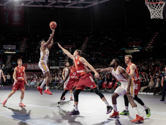 Germany Basketball, Basketball Bundesliga BBL 2025 26, 17 Matchday FC Bayern Basketball vs Fitness First Wuerzburg Baskets BMW Park Muenchen Johannes Voigtmann FC Bayern Muenchen, 7 Eddy Edigin Fitness First Wuerzburg Baskets, 27 Wenyen Gabriel FC Bayern Muenchen, 32 Neno Dimitrijevic FC Bayern Muenchen, 0 Marcus Carr Fitness First Wuerzburg Baskets, 5 Copyright: xChristopherxRupprechtx
