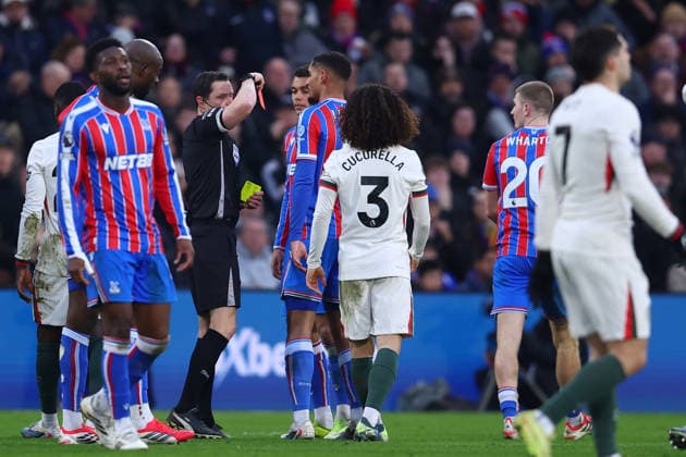 London, England, 25th January 2026. Adam Wharton of Crystal Palace is shown a red card during the Crystal Palace vs Chelsea Premier League match at Selhurst Park, London. Picture credit should read: Paul Terry Sportimage EDITORIAL USE ONLY. No use with unauthorised audio, video, data, fixture lists, club league logos or live services. Online in-match use limited to 120 images, no video emulation. No use in betting, games or single club league player publications. SPI_050_PT_Palace_Chelsea SPI-4478-0050
