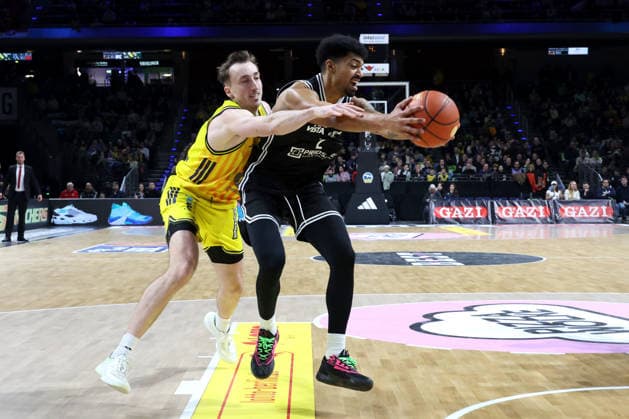 DEU, easyCredit BBL, ALBA vs BMA365 Bamberg Baskets, 25 01 2026, Max Schmeling Halle, Berlin, DEU, easyCredit BBL, ALBA vs BMA365 Bamberg Baskets, in the picture Moses Wood ALBA Berlin 11 , Ibrahim Watson Boye Bamberg 2 nordphotoxGmbHx xEngler nph00076