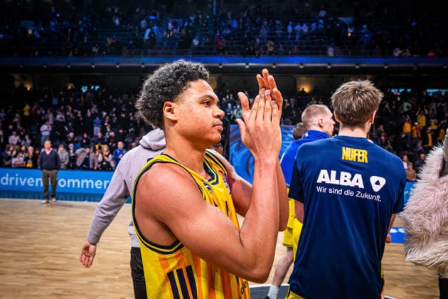 Basketball Berlin 25 01 2026 Season 2025 2026 EasyCredit BBL 1 Bundesliga Men, Men Alba Berlin BMA365 Bamberg Baskets jubel Alba Jack Kayil Alba Berlin, No 07