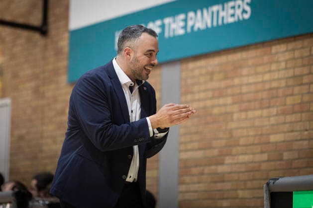 Coach Timur Topal of the Syntainics is pleased GiroLive Panthers Osnabrück 59 55 SYNTAINICS MBC 1 DBBL 16 Matchday 1DBBL Panthers vs SYNTAINICS