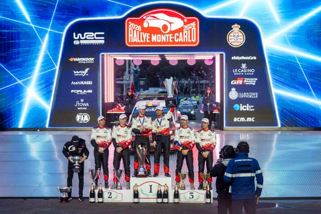 AUTO - WRC, Motorsport Rallye, WM - MONTE CARLO 2026 SOLBERG Oliver, EDMONDSON Elliott, Toyota GR Yaris Rally1, Toyota Gazoo Racing WRT, portrait, podium, portrait , OGIER SÃ bastien, LANDAIS Vincent, Toyota GR Yaris Rally1, Toyota Gazoo Racing WRT, portrait, EVANS Elfyn, MARTIN Scott, Toyota GR Yaris Rally1, Toyota Gazoo Racing WRT, portrait during the 2026 Rallye Automobile Monte Carlo, 1st round of the 2026 WRC World Rally Car Championship, from January 22 to 25, 2026 at Gap, France - GapFrance  Copyright: xNikosxKatikisx