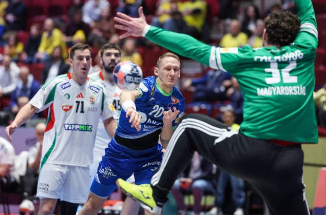 Slovenia v Hungary - MenÂ s EHF EURO 2026 MALMO, SWEDEN - JANUARY 25: Tilen Kodrin of Slovenia shoots a ball during the Men s EHF Euro 2026 match between Slovenia and Hungary at Malmo Arena on January 25, 2026 in Malmo, Sweden.  SanjinxStrukic PIXSELL