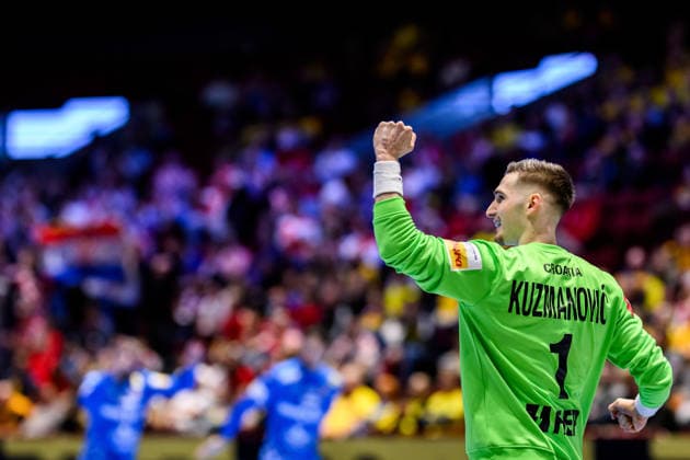 260125 Goalkeeper Dominik Kuzmanovic of Croatia celebrates during the EHF European Handball Championship main round match between Switzerland and Croatia on January 25, 2026 in Malmö Photo Petter Arvidson BILDBYRAN kod PA PA1139 handball handboll handball handbolls em 2026 schweiz croatia ehf european handball championship switzerland kroatien bbeng grappa33 jubel  Copyright: PETTERxARVIDSON BB260125PA229