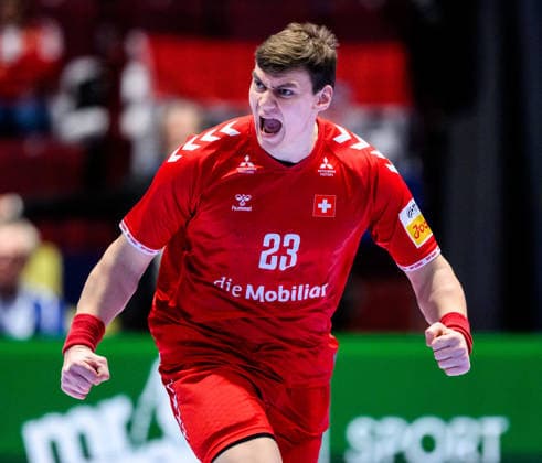 260125 Lukas Laube of Switzerland celebrates during the EHF European Handball Championship main round match between Switzerland and Croatia on January 25, 2026 in Malmö Photo Petter Arvidson BILDBYRAN kod PA PA1139 handball handball handballs em 2026 schweiz croatia ehf european handball championship switzerland kroatien bbeng grappa33 jubel  Copyright: PETTERxARVIDSON BB260125PA251