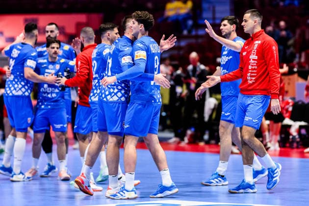 260125 Zvonimir Srna and Luka Lovre Klarica of Croatia celebrate after the EHF European Handball Championship main round match between Switzerland and Croatia on January 25, 2026 in Malmö Photo Petter Arvidson BILDBYRAN kod PA PA1139 handball handball handball handballs em 2026 schweiz croatia ehf european handball championship switzerland kroatien bbeng grappa33 jubel  Copyright: PETTERxARVIDSON BB260125PA263