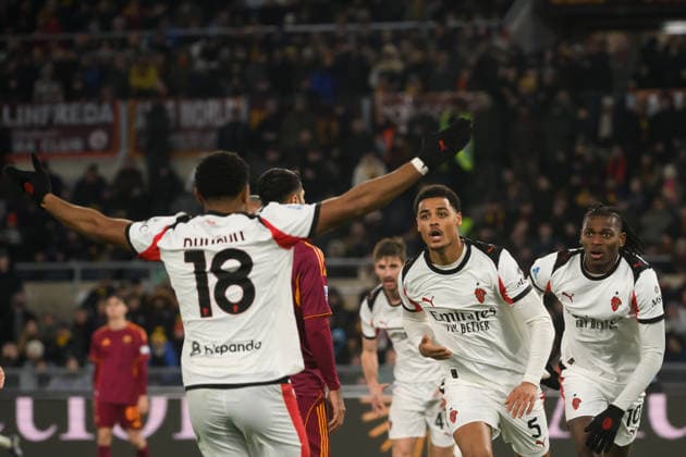 Koni De Winter of AC Milan celebrates after scoring the goal of 0-1 during the Serie A 2025 2026 football match between AS Roma and AC Milan at Stadio Olimpico in Rome (Italy), January 25, 2026. AndreaxStaccioli
