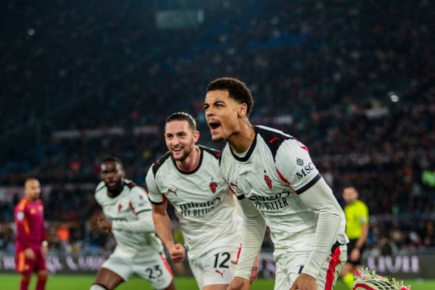 Koni De Winter of AC Milan goal celebrations during AS Roma vs AC Milan, Italian soccer Serie A match in Rome, Italy, January 25 2026  Copyright: xRaffaelexConti IPAxSportx xipa-agency.netx xx IPA_70566418 IPA_Agency_IPA70566418