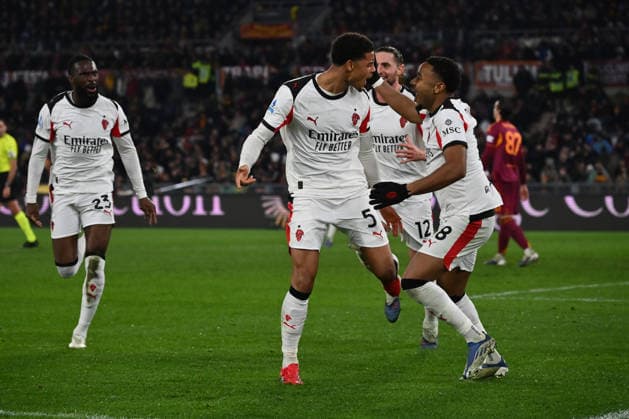Koni De Winter of A.C. Milan celebrates after scoring the goal of 0-1 during the 22th day of the Serie A Championship between A.S. Roma and A.C. Milan at the Olympic Stadium on January 25, 2026 in Rome, Italy.  Copyright: xDomenicoxCippitelli IPAxSportx xipa-agency.netx xx IPA_70566865 IPA_Agency_IPA70566865