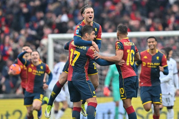 CALCIO - Serie A - Genoa CFC vs Bologna FC Lorenzo Colombo (Genoa CFC) - Ruslan Volodymyrovy? Malinovs kyj (Genoa CFC) - Walter Junior Messias (Genoa CFC) rejoices after winning the goal 1-2 during Genoa CFC vs Bologna FC, Italian soccer Serie A match in Genoa, Italy, January 25 2026 Genoa Italy  Copyright: xIPAxSport ABACAx