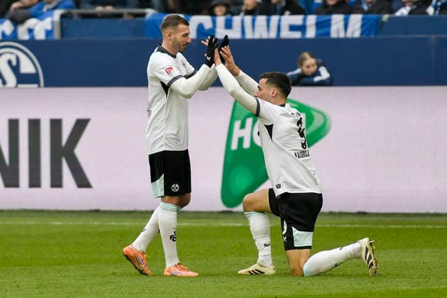 Ivan Prtajin Kaiserslautern 9 celebrates after scoring the 1 0 goal with Atanas Chernev Kaiserslautern 16 25 01 2026 Football FC Schalke 04 vs 1 FC Kaiserslautern, Veltins Arena, Gelsenkirchen, DFB DFL REGULATIONS PROHIBIT ANY USE OF PHOTOGRAPHS AS IMAGE SEQUENCES AND OR QUASI VIDEO Copyright: xpepphotox xSaschaxWeizx pep00321, pep_20260125_hm_261624