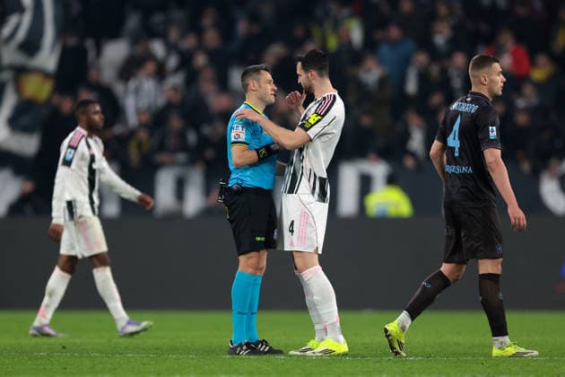 Turin, Italy, 25th January 2026. Federico Gatti of Juventus discusses with the Referee Maurizio Mariani as Alessandro Buongiorno of SSC Napoli leaves the field of play following the final whistle of the Juventus vs Napoli Serie A match at Allianz Stadium, Turin. Picture credit should read: Jonathan Moscrop Sportimage EDITORIAL USE ONLY. No use with unauthorised audio, video, data, fixture lists, club league logos or live services. Online in-match use limited to 120 images, no video emulation. No use in betting, games or single club league player publications. SPI_114_JM_JUVE_NAPOLI_ SPI-4417-0114