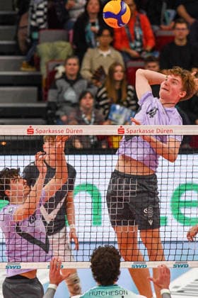 Joshua Huber VCO Berlin, 14 smashes the ball,Action, Action, Game scene, 25 01 2026, Düren Germany , Volleyball, 1 Bundesliga Men, SWD Powervolleys Düren VCO Berlin xmhx