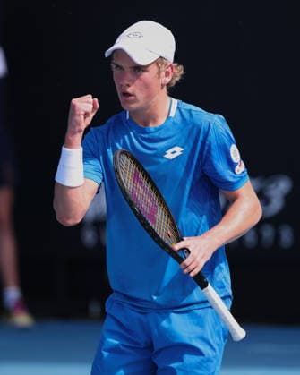 Oliver Majdandzic GER makes a fist and cheers,Cheers,Joy,Emotion, Boys Singles, Boys Singles Australian Open 2026, Melbourne Park, Melbourne, Victoria, Australia Copyright: xJuergenxHasenkopfx
