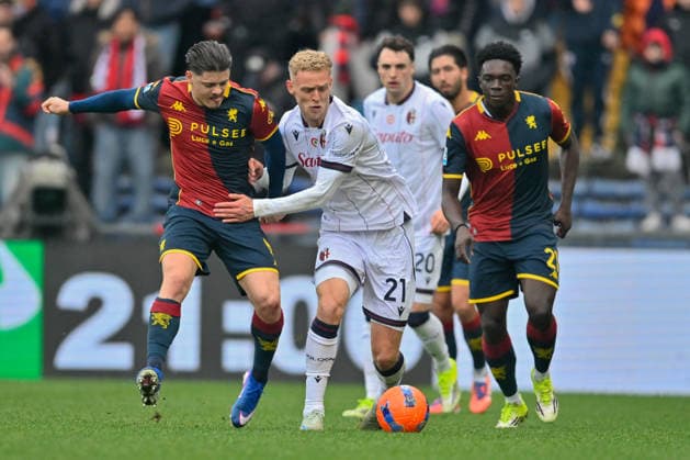 CALCIO - Serie A - Genoa CFC vs Bologna FC Vitor Machado Ferreira-Vitinha (Genoa CFC) - Jens Odgaard (Bologna FC 1909) - Osayuki Jeff Ekhator (Genoa CFC) during Genoa CFC vs Bologna FC, Italian soccer Serie A match in Genoa, Italy, January 25 2026 Genoa Italy  Copyright: xIPAxSport ABACAx