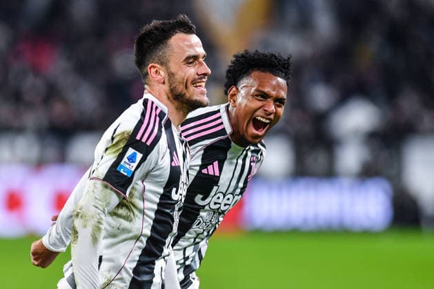 Juventus FC Vs SSC Napoli ,Serie A 2025 26 in Turin,Italy -25 JAN 2026. Filip Kostic of Juventus FC seen celebrating after scoring a goal with Juan Cabal of Juventus FC during Serie A 2025 26 football match between Juventus FC and SSC Napoli at Allianz Stadium. FINAL SCORE; Juventus 3 : 0 Napoli Turin Italy Copyright: xFabrizioxCarabellixx xSOPAxImagesx 20260125GM5_4392_FilipKostic