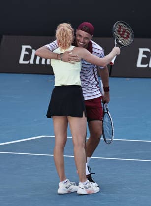 Katerina Siniakova, CZE, and Sem Verbeek, NED, during mixed doubles at 2026 Australian Open in Melbourne, 26 01 2026