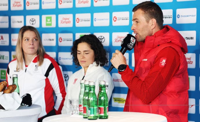 OLYMPICS - Winter Olympic Games, Olympische Spiele, Olympia, OS Milano Cortina 2026 VIENNA,AUSTRIA,26.JAN.26 - OLYMPICS - Winter Olympic Games Milano Cortina 2026, preview, OEOC press conference, PK, Pressekonferenz Olympic Team Austria. Image shows Katrin Beierl, Julia Scheib and Benjamin Karl (AUT).  GEPAxpictures xMatthiasxHauer