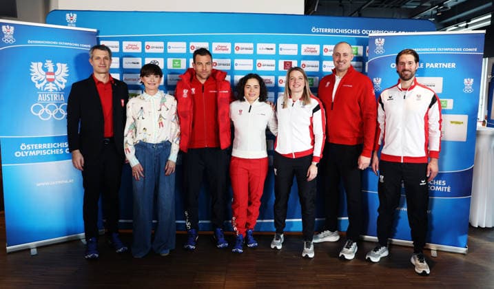 OLYMPICS - Winter Olympic Games, Olympische Spiele, Olympia, OS Milano Cortina 2026 VIENNA,AUSTRIA,26.JAN.26 - OLYMPICS - Winter Olympic Games Milano Cortina 2026, preview, OEOC press conference, PK, Pressekonferenz Olympic Team Austria. Image shows president Horst Nussbaumer (OEOC), Astrid Steharnig-Staudinger (Oesterreich Werbung), Benjamin Karl, Julia Scheib, Katrin Beierl, general secretary Florian Gosch and chef de mission Ingemar Mayer (OEOC).  GEPAxpictures xMatthiasxHauer