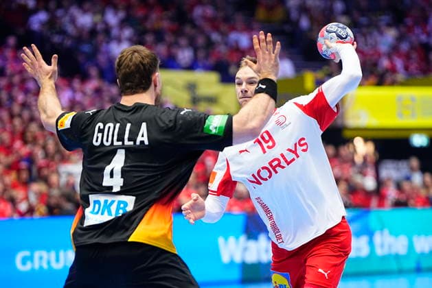 European Men s Handball Championship Denmark Germany Germany Germanyys Johannes Golla and Denmarks Mathias Gidsel during to the EHF Euro 2026 main round men s handball match between Denmark and Germany at Jyske Bank Boxen in Herning, Monday, January 26, 2026 Photo Bo Amstrup Scanpix 2026 , Herning Denmark  Copyright: BoxAmstrupx spdk20260126-203224-L