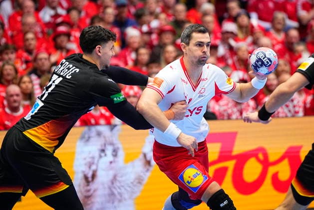 European Men s Handball Championship Denmark Germany Germany Germanyys Marko Grgic and Denmarks Rasmus Lauge during to the EHF Euro 2026 main round men s handball match between Denmark and Germany at Jyske Bank Boxen in Herning, Monday, January 26, 2026 Photo Bo Amstrup Scanpix 2026 , Herning Denmark  Copyright: BoxAmstrupx spdk20260126-203241-L