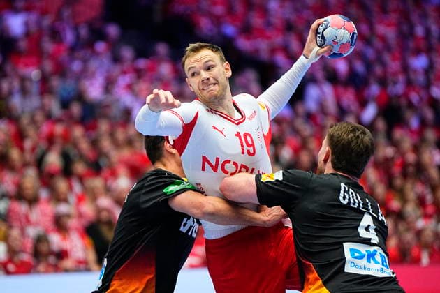 European Men s Handball Championship Denmark Germany Denmarks Mathias Gidsel shoots next to Germanys Johanns Golla during to the EHF Euro 2026 main round men s handball match between Denmark and Germany at Jyske Bank Boxen in Herning, Monday, January 26, 2026 Photo Bo Amstrup Scanpix 2026 , Herning Denmark  Copyright: BoxAmstrupx spdk20260126-204113-L