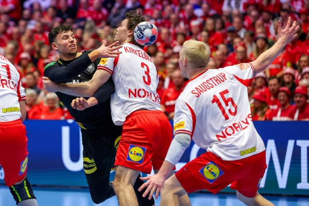 26 01 2026, Handball, Men s EHF EURO 2026, Germany Denmark, Jyske Bank Boxen in Herning, Denmark, Main Round Marko Grgic Germany 71 in a duel against Niclas Vest Kirkelokke Denmark 03 Magnus Saugstrup Jensen Denmark 15 Denmark