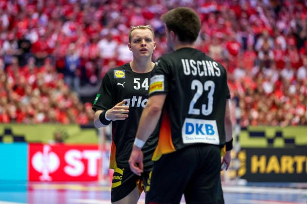 26 01 2026, Handball, Men s EHF EURO 2026, Germany Denmark, Jyske Bank Boxen in Herning, Denmark, Main Round Justus Fischer Germany 54 next to Renars Uscins Germany 23 Denmark