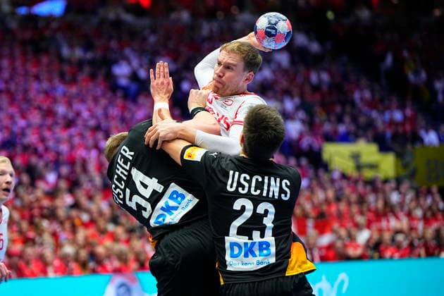 European Men s Handball Championship Denmark Germany Germany Germanyys Justus Fischer and Renars Uscins defends Denmarks Simon Pytlick during the EHF Euro 2026 main round men s handball match between Denmark and Germany at Jyske Bank Boxen in Herning, Monday, January 26, 2026 Photo Bo Amstrup Scanpix 2026 , Herning Denmark  Copyright: BoxAmstrupx spdk20260126-204743-L