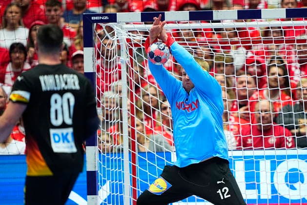 European Men s Handball Championship Denmark Germany Denmark s goalkeeper Emil Nielsen makes a save in front of Germany s Jannik Kohlbacher during the EHF Euro 2026 main round men s handball match between Denmark and Germany at Jyske Bank Boxen in Herning, Monday, January 26, 2026 Photo Bo Amstrup Scanpix 2026 , Herning Denmark  Copyright: BoxAmstrupx spdk20260126-210001-L