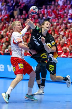 26 01 2026, Handball, Men s EHF EURO 2026, Germany Denmark, Jyske Bank Boxen in Herning, Denmark, Main Round Juri Knorr Germany 15 in duel against Magnus Saugstrup Jensen Denmark 15 Denmark