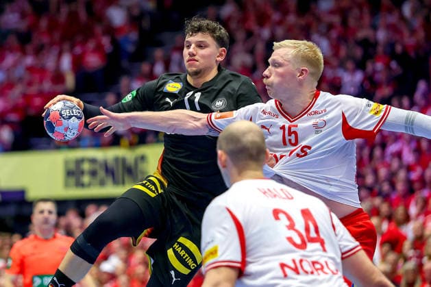 26 01 2026, Handball, Men s EHF EURO 2026, Germany Denmark, Jyske Bank Boxen in Herning, Denmark, Main Round Marko Grgic Germany 71 in a duel against Magnus Saugstrup Jensen Denmark 15 Simon Hald Jensen Denmark 34 Denmark