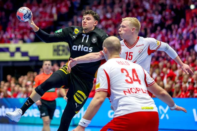 26 01 2026, Handball, Men s EHF EURO 2026, Germany Denmark, Jyske Bank Boxen in Herning, Denmark, Main Round Marko Grgic Germany 71 in a duel against Magnus Saugstrup Jensen Denmark 15 Simon Hald Jensen Denmark 34 Denmark