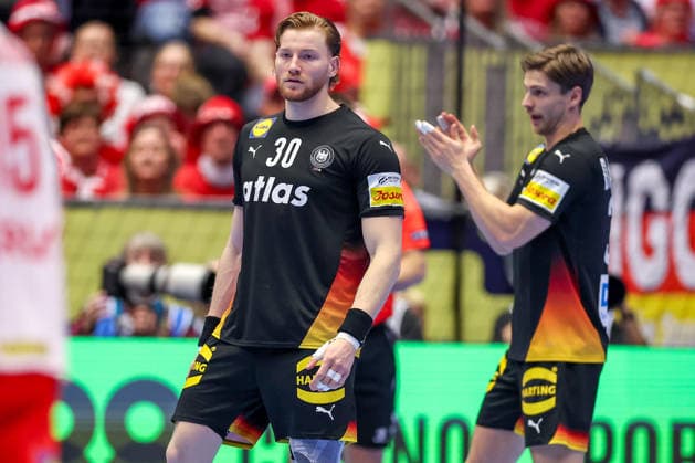 26 01 2026, Handball, Men s EHF EURO 2026, Germany Denmark, Jyske Bank Boxen in Herning, Denmark, Main Round Tom Kiesler Germany 30 next to Rune Dahmke Germany 34 Denmark