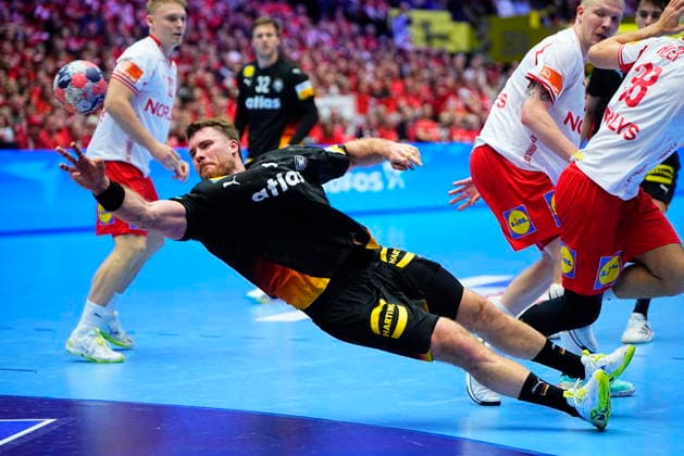 European Men s Handball Championship Denmark Germany Germany Germanyys Johannes Golla shoots during the EHF Euro 2026 main round men s handball match between Denmark and Germany at Jyske Bank Boxen in Herning, Monday, January 26, 2026 Photo Bo Amstrup Scanpix 2026 , Herning Denmark  Copyright: BoxAmstrupx spdk20260126-215525-L