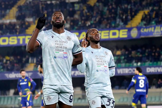 Udinese s Keinan Davis celebration goal 1-3 during the Serie A soccer match between Hellas Verona and Udinese at the Bentegodi Stadium in Verona, north west Italy - Monday , January 26 , 2026. - Soccer .  Copyright: xPaolaxGarbuio LaPressex