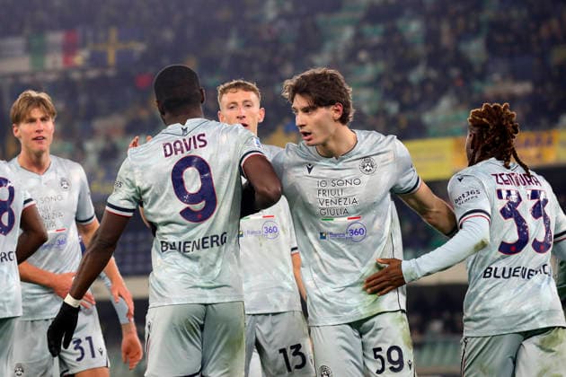Udinese s Keinan Davis celebration goal 1-3 during the Serie A soccer match between Hellas Verona and Udinese at the Bentegodi Stadium in Verona, north west Italy - Monday , January 26 , 2026. - Soccer .  Copyright: xPaolaxGarbuio LaPressex
