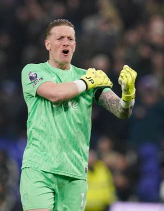 Liverpool, England, 26th January 2026. Jordan Pickford of Everton celebrates their equalising goal during the Everton vs Leeds United Premier League match at Hill Dickinson Stadium, Liverpool. Picture credit should read: Andrew Yates Sportimage EDITORIAL USE ONLY. No use with unauthorised audio, video, data, fixture lists, club league logos or live services. Online in-match use limited to 120 images, no video emulation. No use in betting, games or single club league player publications. SPI_047_AY_Everton_Leeds SPI-4481-0047