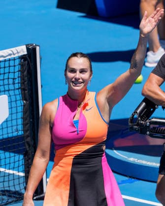January 27, 2026: 1st seed ARYNA SABALENKA of Belarus celebrates after defeating 29th seed IVA JOVIC of the USA on Rod Laver Arena in a Men s Singles Quarterfinals match on day 10 of the 2026 Australian Open in Melbourne, Australia. SABALENKA won 63 60. Cal Media Melbourne Australia - ZUMAc04_ 20260127_faf_c04_001 Copyright: xSydneyxLowx